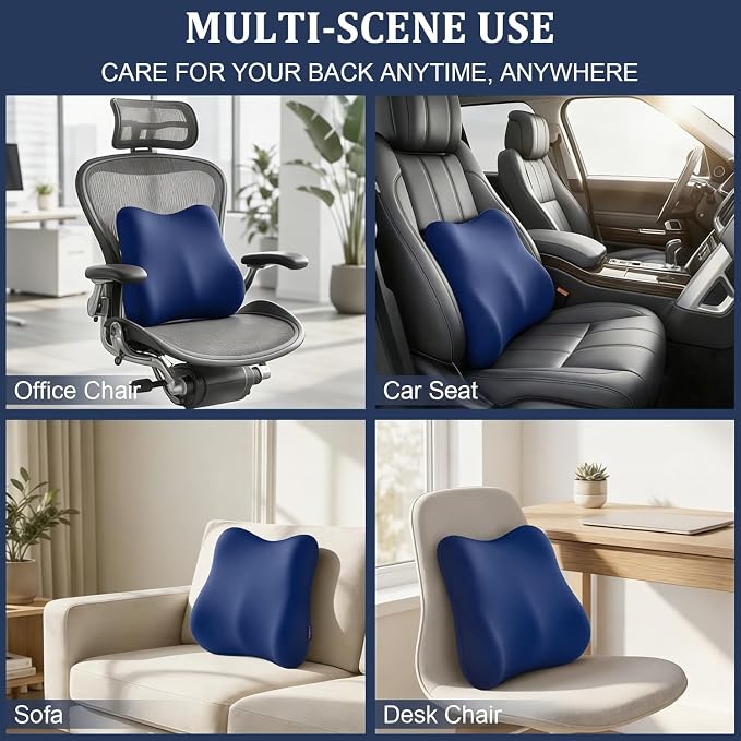 Lumbar Support Pillow for Office Chair Memory Foam Lumbar Cushion with Removable Cover Soft Back Support Pillow Suitable for Car, Couch, Gaming, Dark Blue