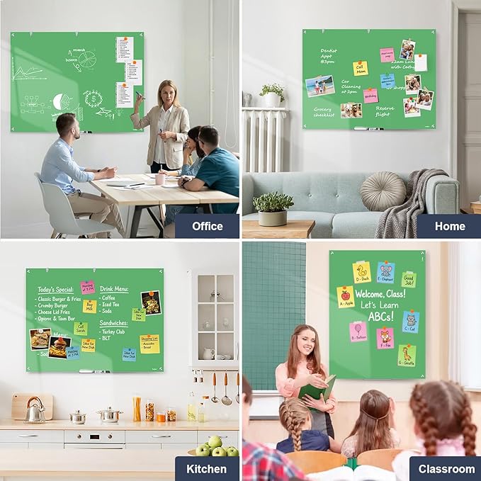 Glass Whiteboard, 48x36 Inches Magnetic Glass Dry Erase Board, Green Large White Board for Wall Office School Classroom Home, 4x3 Feet Big Dry Erase Board Wall Mounted