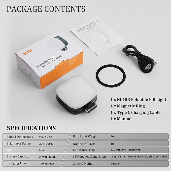 MagSafe Magnetic Selfie Light with Mirror for iPhone – Rechargeable LED Fill Light, CRI≥95, 5 Color Temps, Foldable Portable Ring Light for Vlog, Makeup, Back‑Camera & Video Recording,Photography