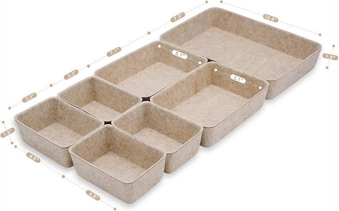 Office Drawer organizers felt storage bins Shallow Small Desk trays Draw dividers Nordic Lifestyle Natural Scandinavian-chic style 7-piece (Oatmeal) | Sustainable material soft yet sturdy,multi-purpose storage, sleek minimalist lifestyle