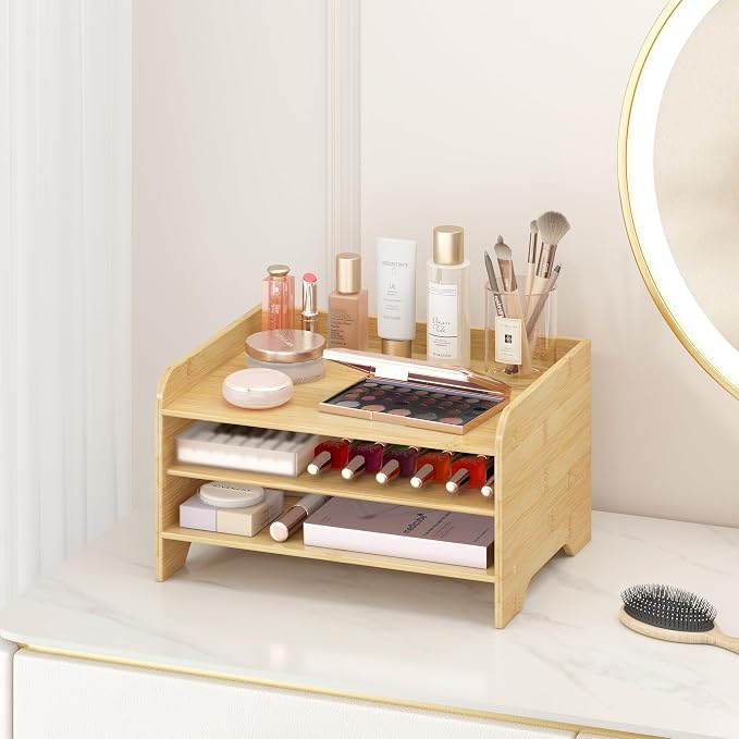 Bamboo File Organizer for Desk, Desktop Paper Tray and Mail Holder | Three open tiers keep A4/letter paper, folders, bills and mail sorted, visible and easy to reach while saving desk space