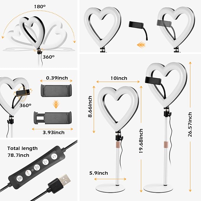 Ring Light for Desk,Heart Tabletop Light with 26" high Stand, RGB 47colors Selfie Light,USB Powered LED Desktop lamp with Phone Holder for Makeup Lights, Laptop Live Stream, YouTube,TikTok
