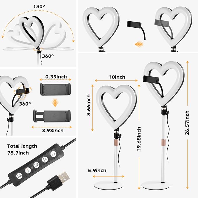 Ring Light for Desk,Heart Tabletop Light with 26" high Stand, RGB 47colors Selfie Light,USB Powered LED Desktop lamp with Phone Holder for Makeup Lights, Laptop Live Stream, YouTube,TikTok