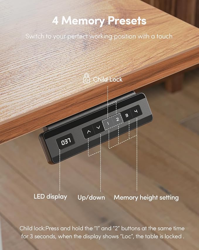 CubiCubi 48 x 24 Large One-Piece Standing Desk, Adjustable Height Electric Computer Home Office Sit Stand up Workstation, with 4 Memory Presets, Headphone Hook, Light Rustic