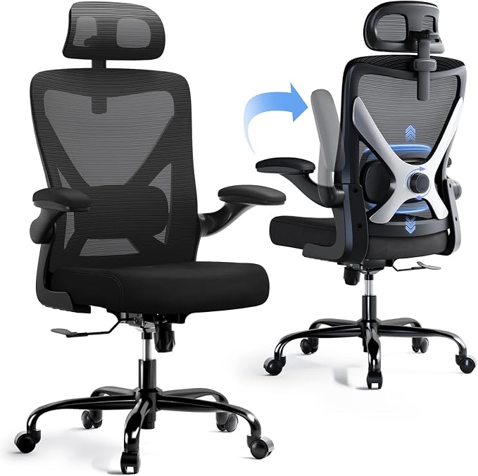 Ergonomic Office Chair: Mesh Desk Chair Comfy with Headrest& Lumbar Support | Ergalithic Big and Tall Office Chairs with Wheels & Flip-Up Arms-Computer Gaming Chairs for Adults (Black-Pack of 8)