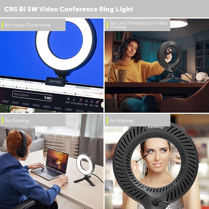 CR5 Video Conference Lighting Kit, 5" Ring Light Clip on Laptop Monitor, Desk Light with Stand Tripod, Bi-Color CRI >95 for Webcam Lighting, Zoom Lighting, Broadcasting, Live Streaming