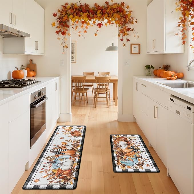 SHACOS Fall Anti Fatigue Kitchen Mats Pumpkins Gnome 17x27.5+17x47 | Orange Maple Black White Checkered Autumn Harvest Cushioned Kitchen Rugs Sets of 2 Non Slip Kitchen Floor Mat