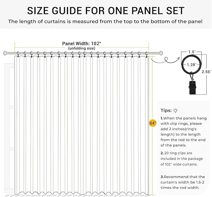 INOVADAY 100% Blackout Curtains for Bedroom, Black Out Curtains 108 Inch Long, Clip Rings Linen Blackout Drapes, Thermal Insulated Room Darkening for Living Room, 1 Panel - Black,W102xL108