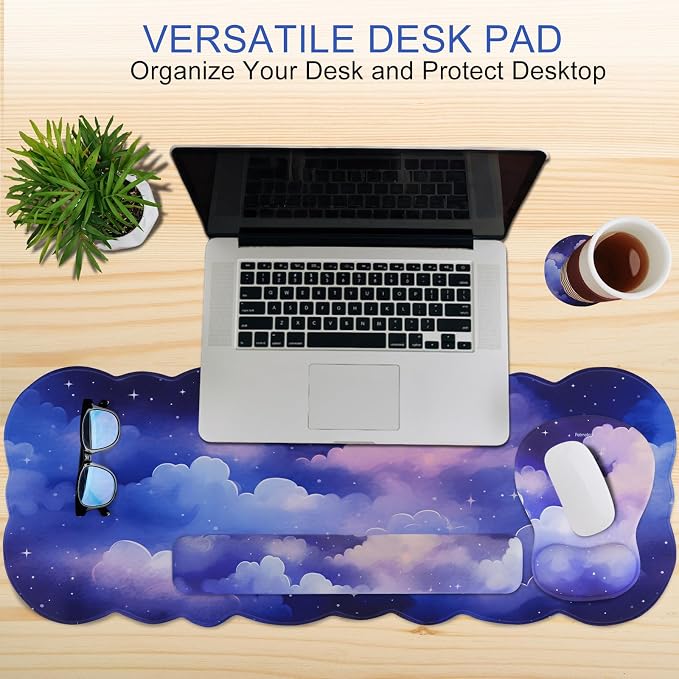 Petmolico Desk Pad Set with Wrist Rest for Keyboard & Mouse, Cloud Sky | Anti-slip PU base, durable Lycra & memory foam, relieves wrist fatigue, perfect for work, home & daily use