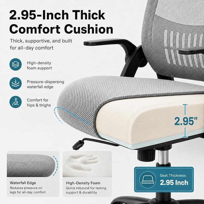 Ergonomic Office Chair, Home Office Desk Chair, Breathable Mesh Desk Chair with Adjustable Lumbar Support and Flip-up Armrests, Game Chairs, 360° Swivel Desk Chairs for Conference, Meeting Room(Grey)