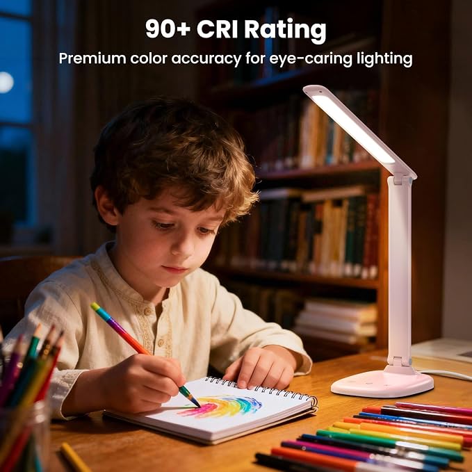 Desk Lamp with Charger, 10%-100% Stepless Dimmable & 5 Color Modes Study Lamp, Touch Control, 30-/60-minute Timer, USB Charging Output Port, CRIโฅ90, Eye-Caring Foldable LED Desk Lamps for Home Office