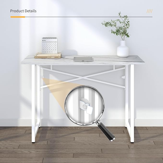 Lutown-Teen 47 inch Folding Desk No Assembly Required, Writing Gaming Computer Camping Table, Home Office Desk, White Marble