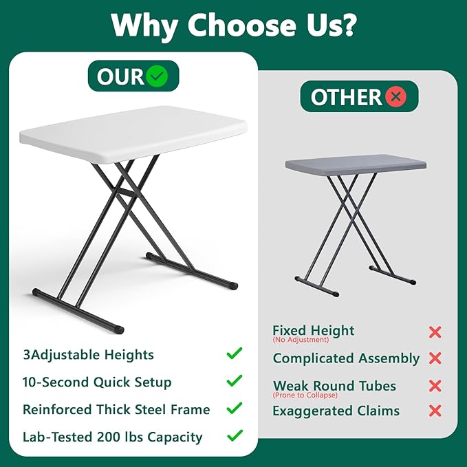 Folding Table 30 Inch - Small Desk Adjustable Height TV Tray for Laptop, Couch, Camping - Heavy Duty Utility Foldable Table for Small Spaces, No Assembly Required, White Granite