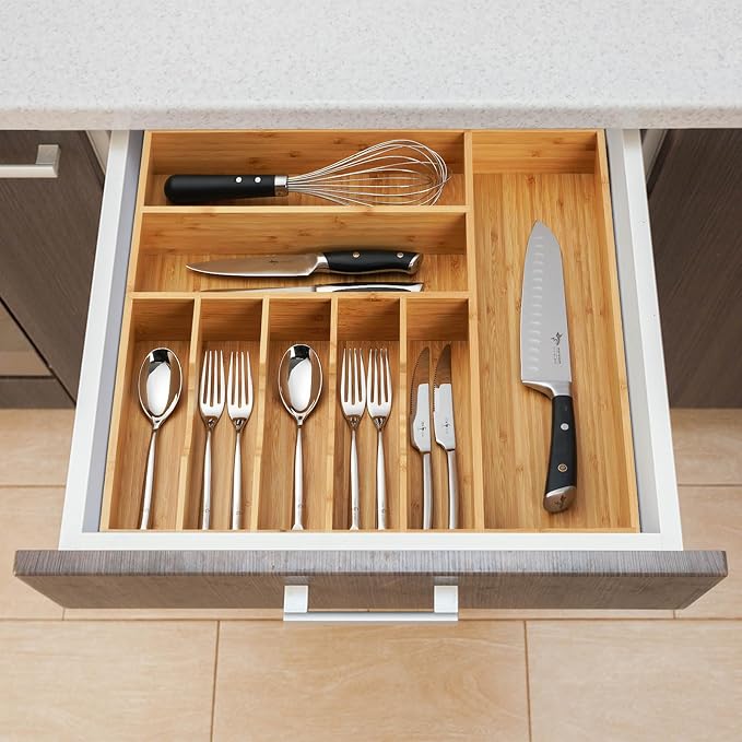 Large Kitchen Drawer Organizer, 19"x20" Silverware Utensils Organizer, 2.5" High for Large Deep Drawers, Bamboo Flatware Holder with Thick Frames, Sturdy Kitchen Organization Tray