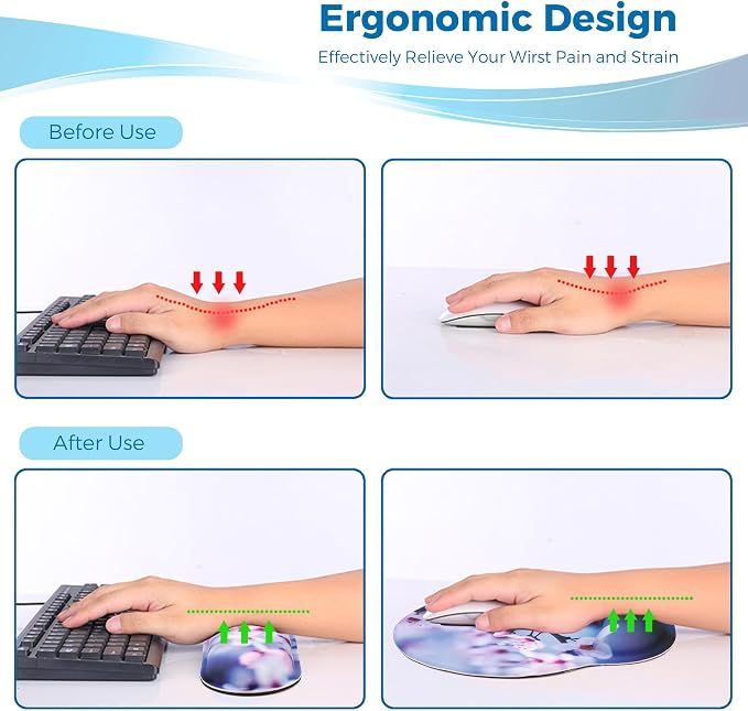 Mouse Pad and Keyboard Wrist Rest Support, with Non-Slip PU Base,Gel Mouse Pad with Coaster,Pain Relief for Gaming, Computer,Office -Cherry Blossom