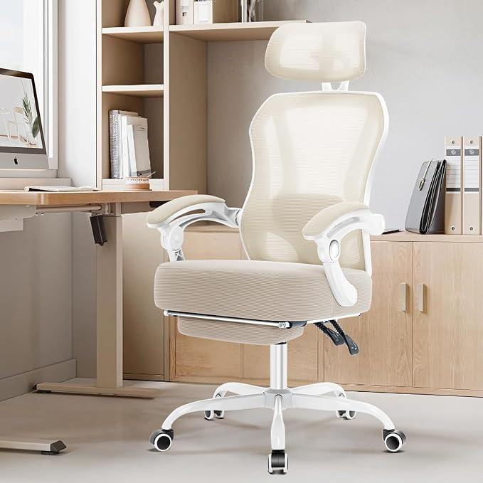 Ergonomic Office Chair with Footrest,Ultra Thick Desk Chair,Cream | 150°Reclining,Mesh High Back,Adjustable 2D Lumbar Support and Headrest,4.8" Spring Cushion,Premium Computer Chair for Adults