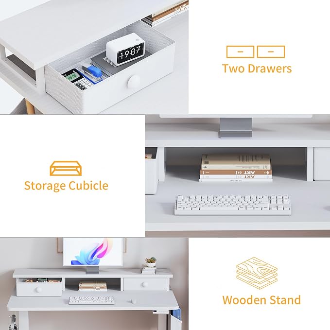 White Electric Standing Desk with Drawers - 40 Inch Small Standing Desk with Shelf Monitor Stand Storage Height Adjustable for Home Office, Study Writing Girls Computer Sit Stand Desks for Bedroom