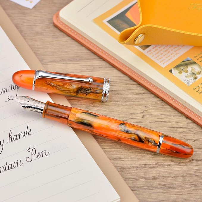 Asvine V800 Fountain Pen – Vacuum Filling System with Large Ink Capacity – Smooth Number 8 Fine Nib with Gift Case and Wrench- Amber Acrylic