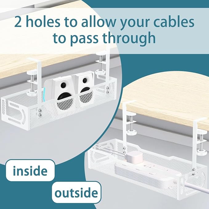 2Pack Under Desk Cable Management Tray, No Drill Mesh Desk Cable Tray | Wire Management Tray Cable Management Rack, Cord Organizer and Cable Management Box (White)