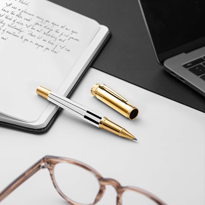 Ellington Pens Luxury Rollerball Pen Set - Smooth Writing, Elegant Design, Quick-Drying, Refillable Liquid Ink, 2 Refills (Black, Blue), Ideal for Professionals, Students