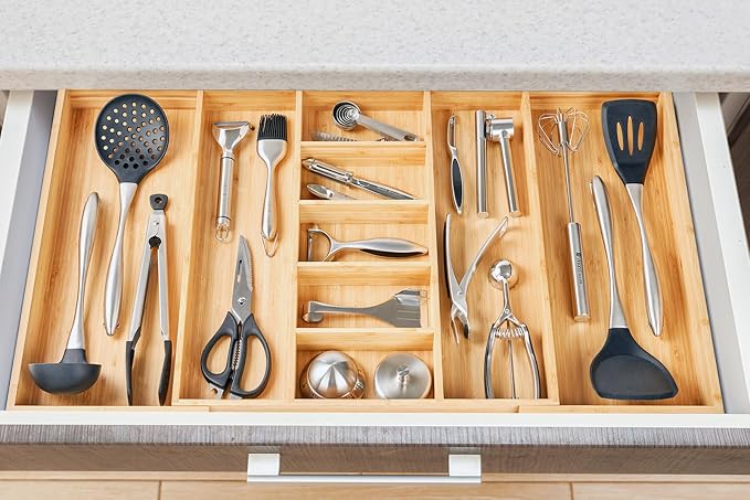 Extra Large Expandable Kitchen Drawer Organizer for Utensil and Junk, 19" Deep for Big Drawer, 19" to 33" Adjustable Bamboo Wood Drawer Divider, Cutlery Tray, Flatware Holder