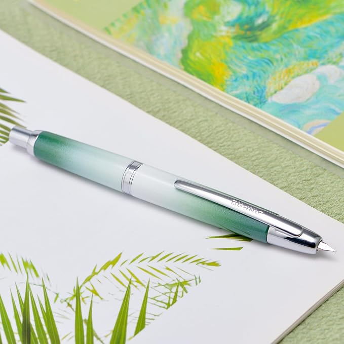 Jinhao 10 Press Fountain Pen with Box, Gradient Grass Green Retractable Medium Nib with Ink Converter Set (Silver Clip)