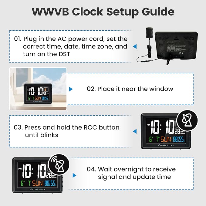 Digital Atomic Alarm Clocks for Bedrooms Battery Backup | Color Display, Self-Setting Clock, Auto DST, Indoor Temperature Humidity, Moon Phase, Calendar, Time, Day of Week, Black