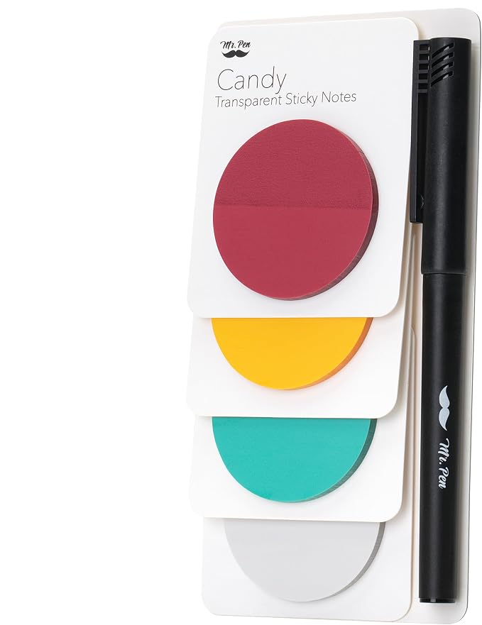 Mr. Pen- Round Transparent Sticky Notes, 1.8”, 4 Pads with Black Fineliner | 200 Sheets, Smooth Writing, Water-Resistant, Clean Removal, Easy-Peel Sticky Notes for Bible Journaling & Planning