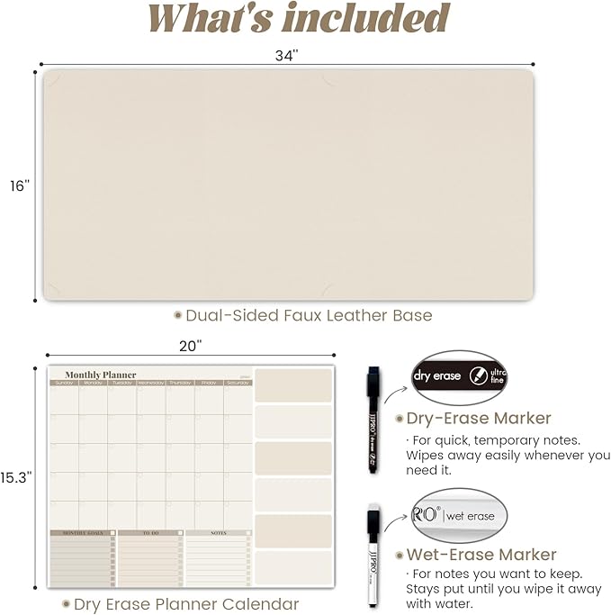 JJPRO Dual-Layer Eggshell Dry Erase Desk Mat, 3-in-1 Dry Erase Desk Calendar,Large Multi-Use Mouse Pad,Double-Sided Faux Leather Desk Pad,Reusable Desk Calendar/Mouse Pad for Office,Home-16"x34"