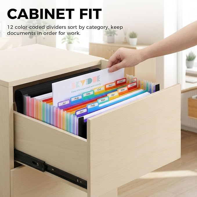SKYDUE Accordion File Organizer, Expanding File Folder with 13 Pockets, Portable Document Paper Bill Receipt Organizer for Desk, Home School Office Supplies, Letter A4 Size Black