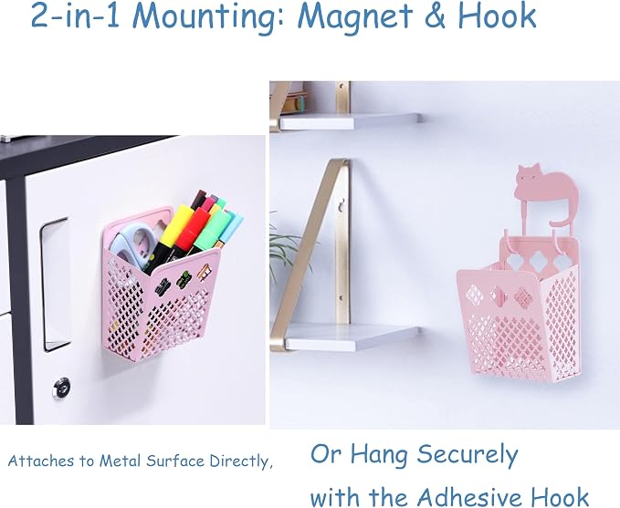 2 Pack Magnetic Pen Holder, Strong Magnet Organizer Dry Erase Marker Holder for Refrigerator, Whiteboard, Locker Accessories Home Office Hanging Pencil Holder with Hooks-Blush