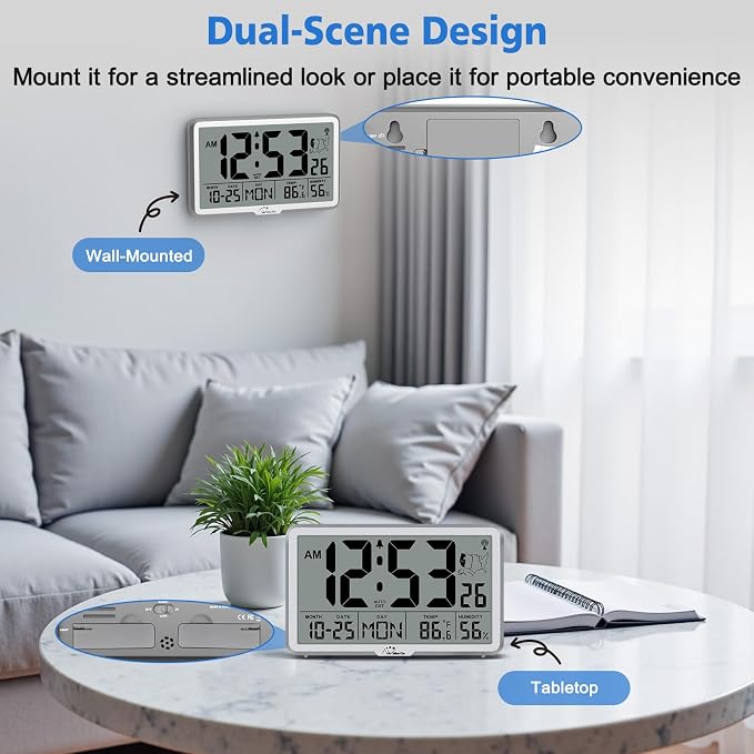 WallarGe Atomic Wall Clock with Backlight, Battery Operated | Large Digital Display, Indoor Temperature, Humidity, Date, AUTO DST, 6 Time Zones