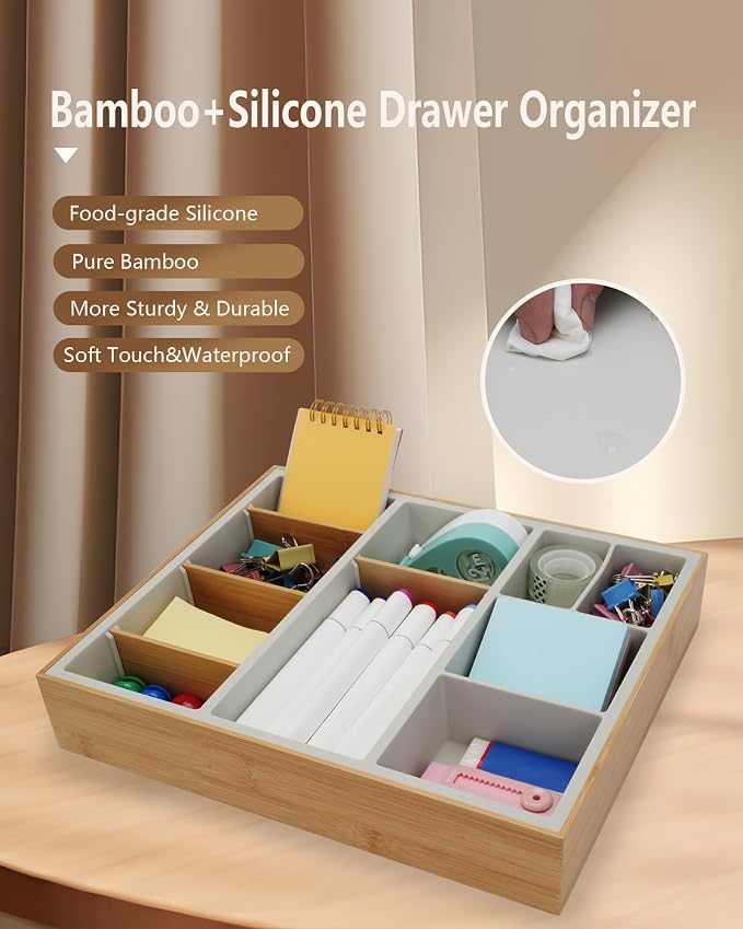 Office Drawer Organizer, Bamboo Desk Drawer Organizer with 4 Removable Dividers, Desk Organizers and Accessories with 10 Adjustable Compartments for Office Home Gray