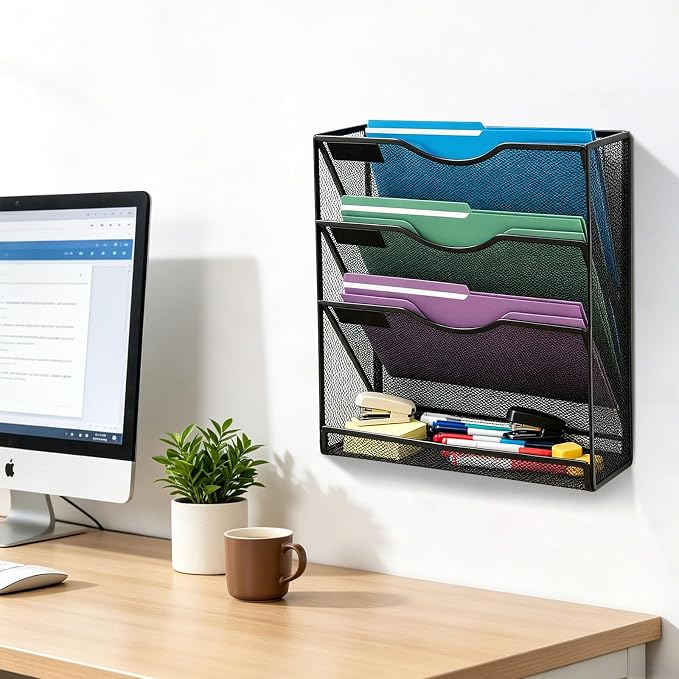 Magnetic File Holder,No Assembly Required & No Drilling,Hanging Magnetic File Organizer,Magnetic Mail Paper Folder Holder for Refrigerator,Whiteboard,File Cabinets (4-Tier)