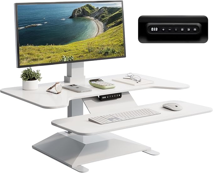 Electric Standing Desk Converter 36" Wide, Height Adjustable Desk Riser, Computer Workstation, Sit-Stand Convertor for Home, Office, School (White, 1 Arm Included)