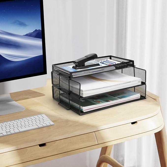 Office Drawer Organizer, 2 Tiers Stackable Paper Tray Organizer for Desk, Standing Papers File, Black Mesh/Office File Collation
