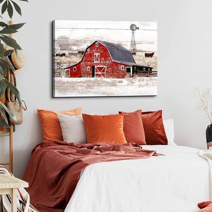 Large Country Barn Wall Art Farmhouse Wall Decor for Kitchen Dining Room Rustic Home Red Barn Windmill Landscape Painting Vintage Highland Cow Animal Poster Artwork Cabin House Decorations 32x48”