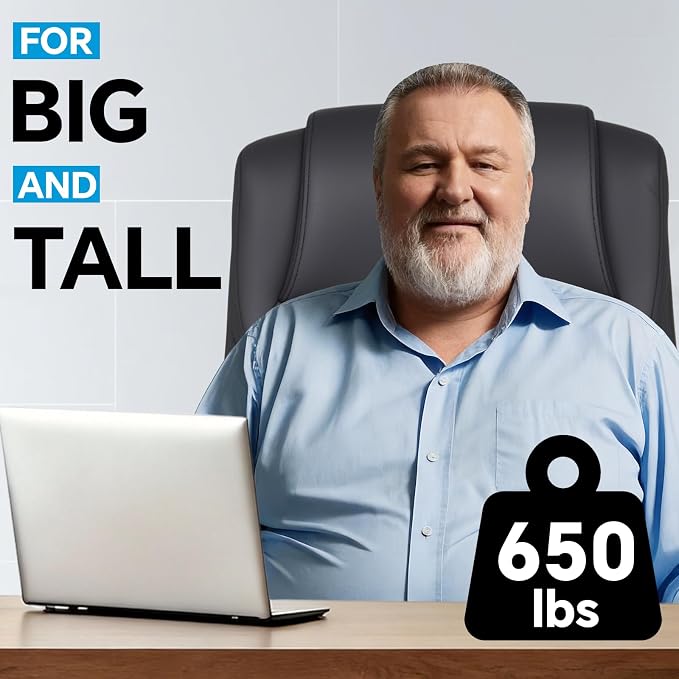 Big and Tall Office Desk Chair with 5-Position Armrests, 650 LBS Heavy Duty Executive Office Chair Comfy, Extra Wide Seat, High Back Computer Chair with Lumbar Support, Reclining Tilt Lock (Black)