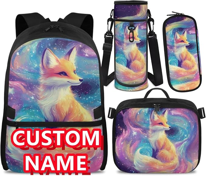 Doojoayie Cute Fox Backpack for Girls with Lunch Box Custom Bookbag Personalized Backpack for Girls Aesthetic Kindergarten Back to School Bags for Teens Junior Large Capacity Back Pack
