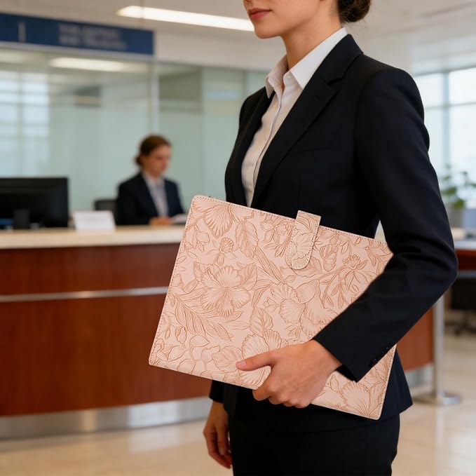 VANRA Padfolio Portfolio Binder Faux Leather Interview Resume Folder with Notepad, Document Organizer Card Holder, Letter-Sized Notepad Portfolio Organizer for Business School Office (Pink)