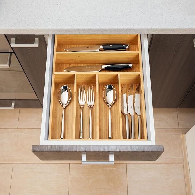 Kitchen Drawer Organizer, 12 Inch Silverware Utensil Tray Holder, Extra Deep, with Non-Slip Feet & Grooved Drawer Divider, 6 Slots Total Bamboo Wood Caddy for Flatware Cutlery Knives