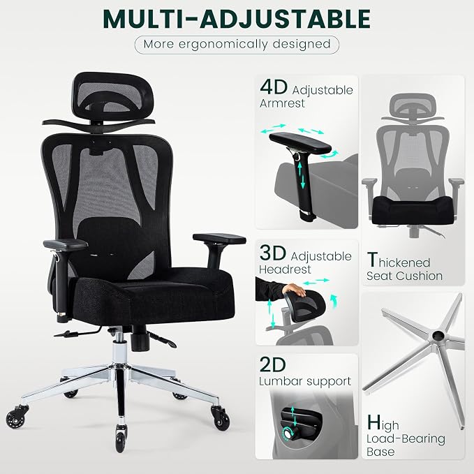 Heavy Duty Ergonomic Office Chair, 500lbs Capacity, Mesh Back, Aluminum Alloy Frame, Modern Style, Black