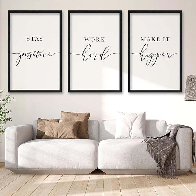 RLWangChao Inspirational Quotes Wall Art Decor 16"X24" 3 Piece Modren Office Stay Positive Work Hard Make It Happen Motivational Wood Framed Sign Living Room Positive Wall Hanging Decoration (Black)