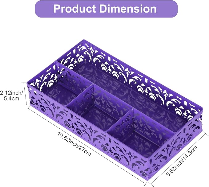 EasyPAG Desk Drawer Organizer with 4 Compartments, Carved Hollow Floral Metal Tray for Office, Jewelry, Cosmetics - No Assembly, Purple