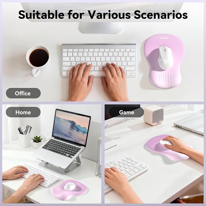 TECKNET Ergonomic Mouse Pad with Wrist Rest, Memory Foam Mousepad with Wrist Support, Smooth Surface, Middle Concave & Non-Slip Base for Laptop/PC, Pain Relief for Home Office Gaming, Light Purple