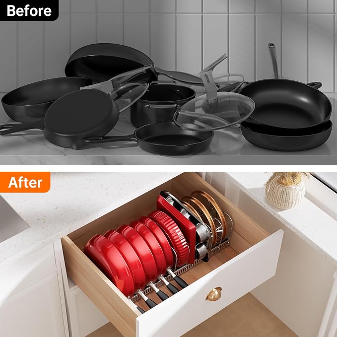 MUDEELA Expandable Pot Pan Lid Organizers inside Cabinet, 12 Divider-Silver | Expandable 11.8–22.9", 12 Adjustable Divider, Tool-Free Assembly, Non-Slip, Scratch-Proof, For Pan Lid Cutting Board Bakeware