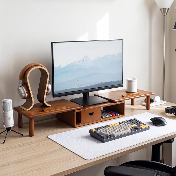 Dual Monitor Stand Riser with Drawer for Desk Laptop | Desk Shelf with Adjustable Length and Angle, Bamboo Computer Stand Riser for 2 or 3 Monitors Screen Laptop PC TV Brown