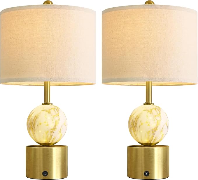 Oneach 20.5" Small Bedside Table Lamps for Bedroom Nightstands, Gold Glass Modern Table Lamps Set of 2 with USB A+C Charging Port, Night Light, Luxury Lamps for Living Room End Table(Bulbs Included)