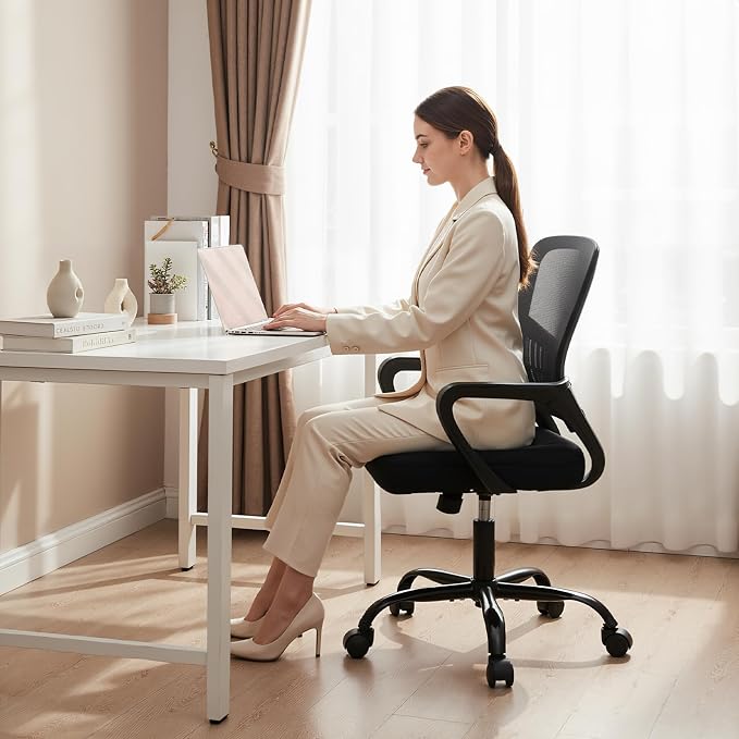OLIXIS Ergonomic Office Desk Chair, Executive Mid-Back Computer Chair with Comfortable Lumbar Support & Rocking Mode, Height Adjustable with Fixed Armrest, 360ยฐ Swivel, for Adults, Black