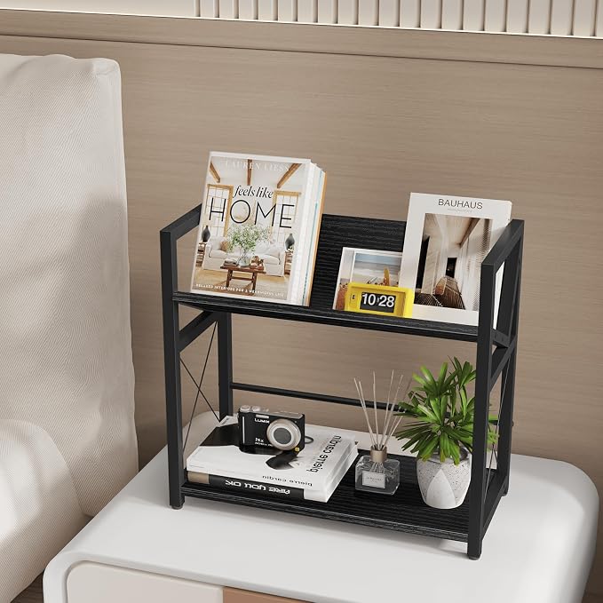 ELITEROO Desktop Bookshelf, 2 Tier Desk Book Organizer Shelf, Wood Tabletop Bookshelf Storage, Small Desk Top Bookcase for Office, Home, or Study, Mini Table Book Rack for Display, Black